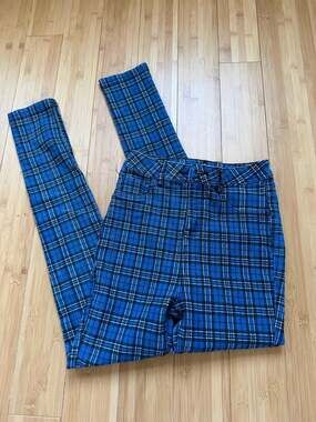 LABIJOU Blue Plaid High Waisted Skinny Leg Pants